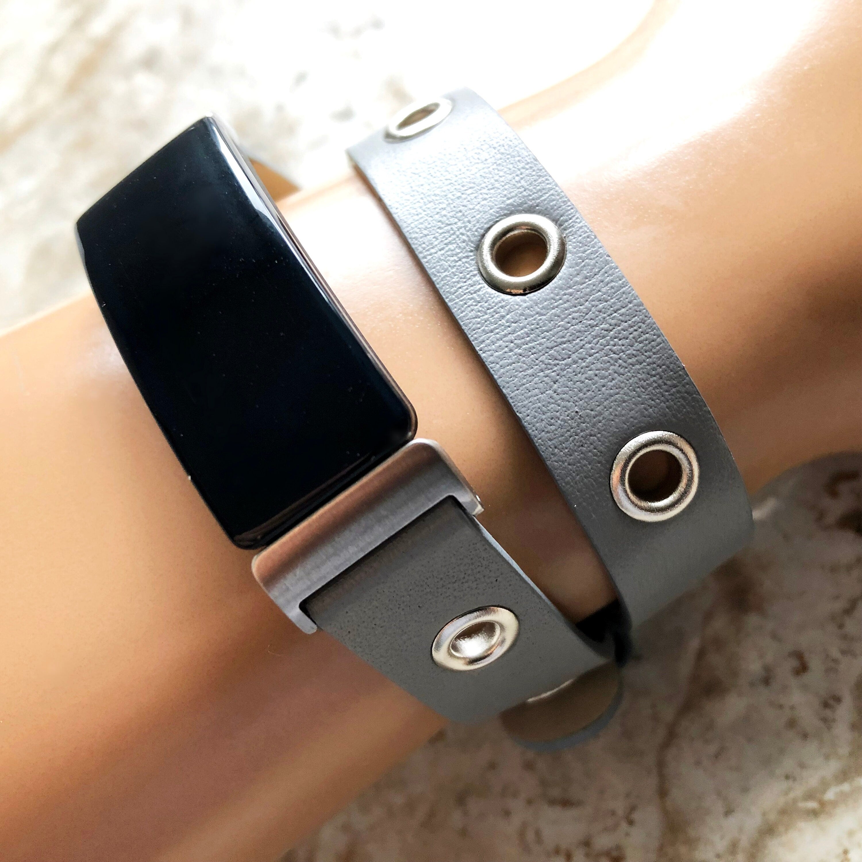 Fitbit Inspire 2 HR Gray Band for Fitness Tracker Soft Leather Strap Wristband Twice Double Wrap Bracelet in Silver Black Rose Gold Finish